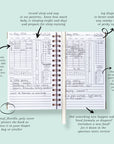 Open baby journal showing detailed pages for tracking baby's feeds, sleep, and diapers. The journal includes sections for notes, self-care checklists for parents, and space to log new foods and medications. Annotations highlight its waterproof, flexible cover.