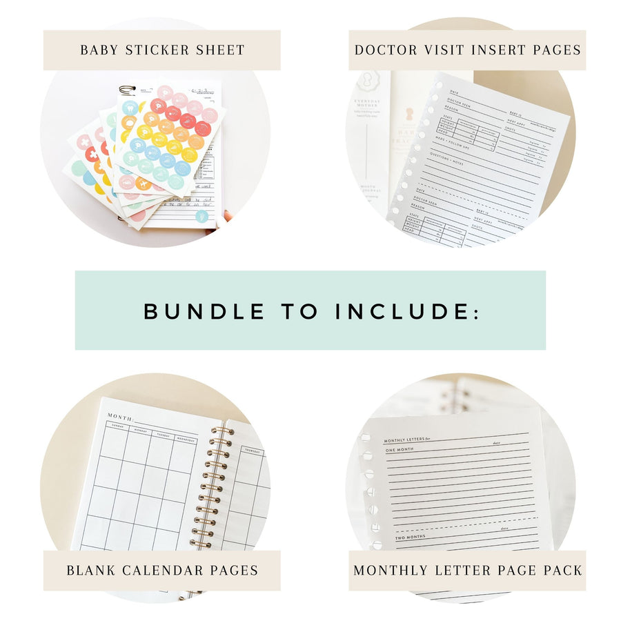 A promotional collage showcasing The Everyday Mother's Complete Bundle: All Add-On Pages, including a Milestone Stickers sheet, doctor visit insert pages, blank calendar pages, and a monthly letter page pack.