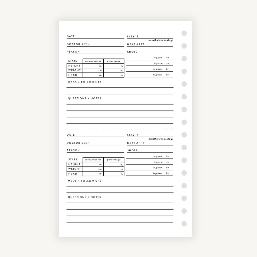 A structured baby visit tracker with fields for documenting date, doctor seen, reason for visit, weight, height, head circumference, follow-up medications, and a section for questions and notes. Now includes The Everyday Mother's Complete Bundle: All Add-On Pages insert.