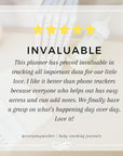 Customer testimonial for The Everyday Mother baby tracking journals, highlighting its invaluable help in monitoring a baby's daily activities. The image features a stack of spiral-bound journals and a baby bottle, accompanied by a five-star review stating the planner's effectiveness over phone apps. The text emphasizes easy access for multiple caretakers to update and track essential data like feedings and sleep patterns, helping everyone stay informed about the baby's daily progress