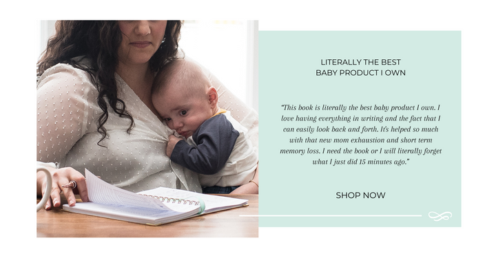 A promotional image showcasing a mother in a white, dotted dress holding her baby close while seated at a table. The mother is gently holding a baby who appears content in her embrace. In front of her is The Everyday Mother journal open to a tracking page. A sidebar with text praises the journal as a crucial tool for managing new-mom exhaustion and memory challenges, emphasizing its value in recalling recent activities.