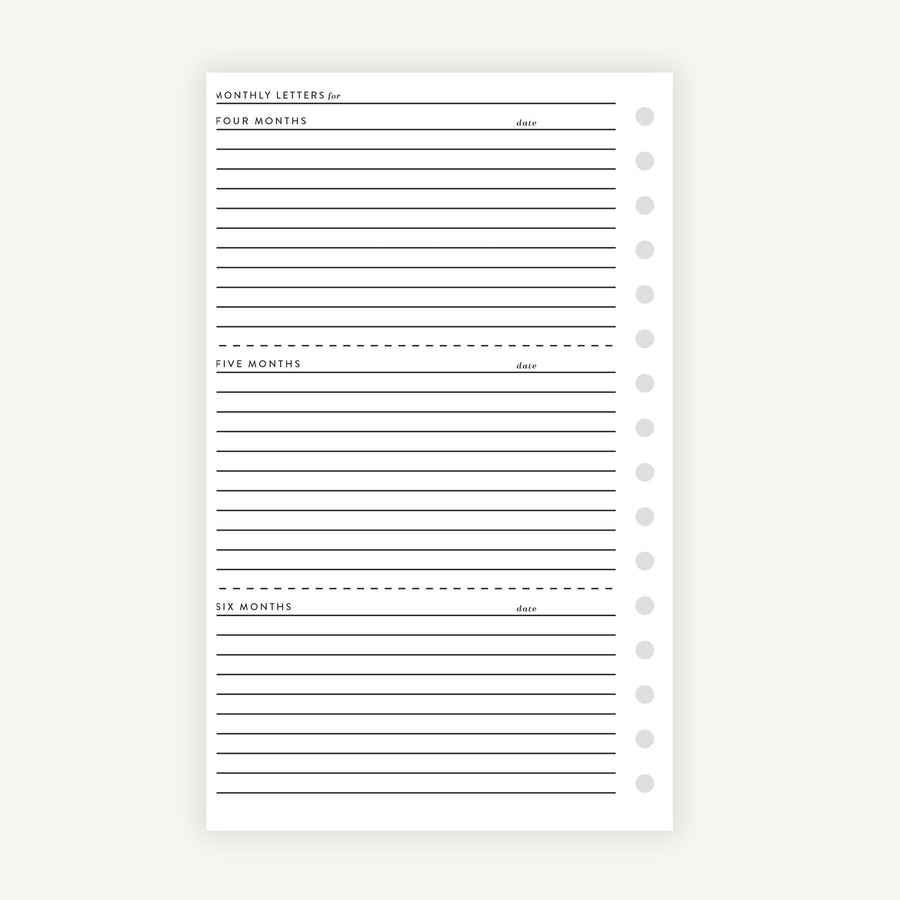 A Complete Bundle: All Add-On Pages baby milestone template for monthly letters, segmented into sections for four, five, and six months, with lines for writing and space for indicating the date. Includes Milestone Stickers.
