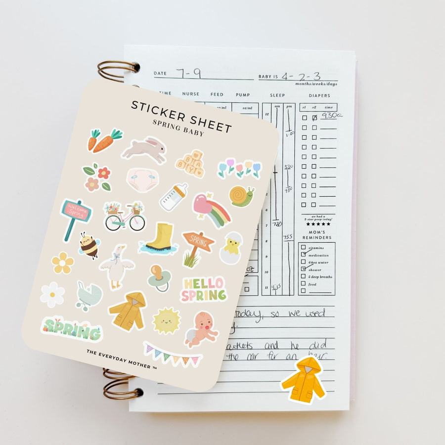 Spring Baby Sticker Sheet by The Everyday Mother – A charming collection of pastel spring-themed stickers featuring bunnies, baby chicks, flowers, rain boots, a baby bottle, and more. Perfect for baby journals, scrapbooks, planners, and nursery decor. High-quality, beautifully designed stickers for parents, babies, and springtime celebrations. Shop now!