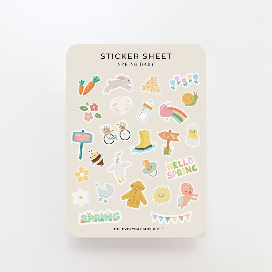 Spring Baby Sticker Sheet by The Everyday Mother – A charming collection of pastel spring-themed stickers featuring bunnies, baby chicks, flowers, rain boots, a baby bottle, and more. Perfect for baby journals, scrapbooks, planners, and nursery decor. High-quality, beautifully designed stickers for parents, babies, and springtime celebrations. Shop now!