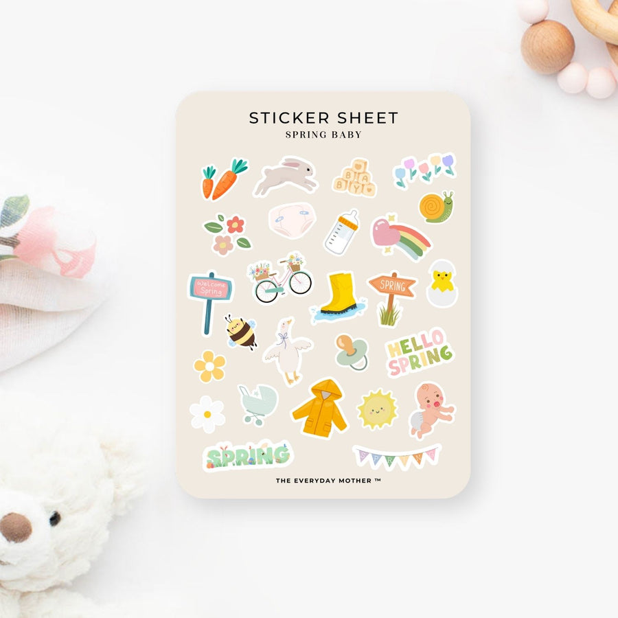 Spring Baby Sticker Sheet by The Everyday Mother – A charming collection of pastel spring-themed stickers featuring bunnies, baby chicks, flowers, rain boots, a baby bottle, and more. Perfect for baby journals, scrapbooks, planners, and nursery decor. High-quality, beautifully designed stickers for parents, babies, and springtime celebrations. Shop now!